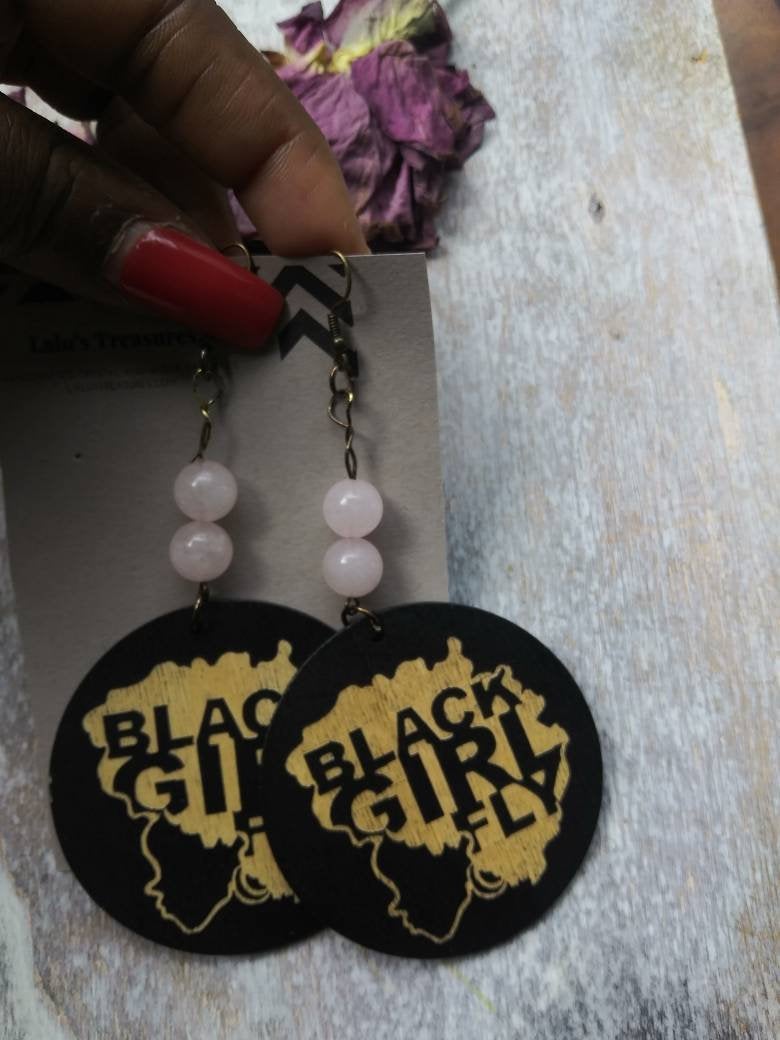 Rose Quartz Black Girl Fly Earrings