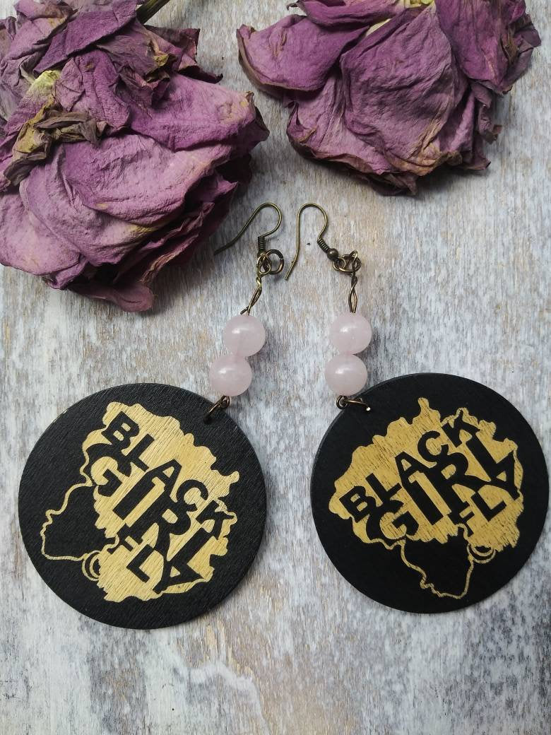 Rose Quartz Black Girl Fly Earrings